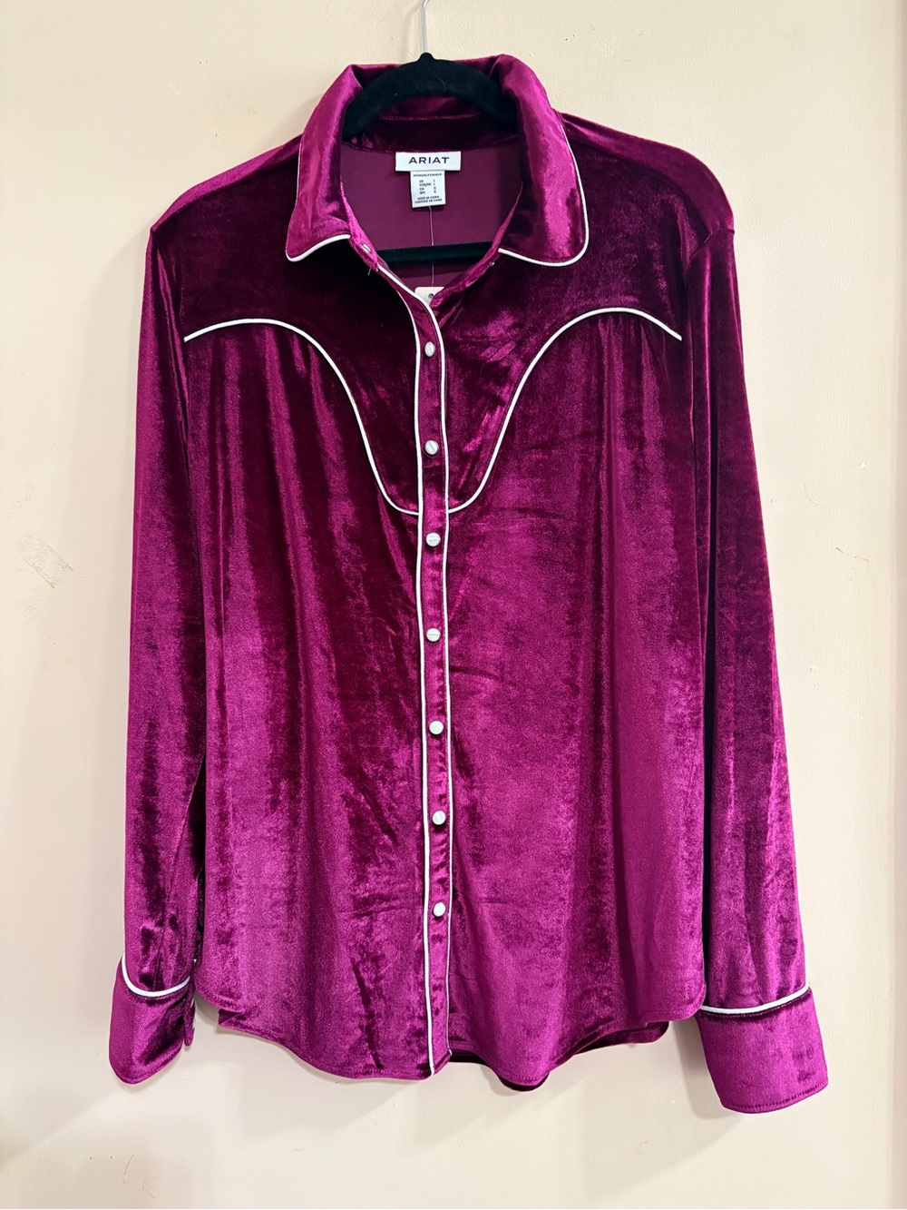 Ariat Casa Rosa Burgundy Velvet Western Shirt with White Piping Large
